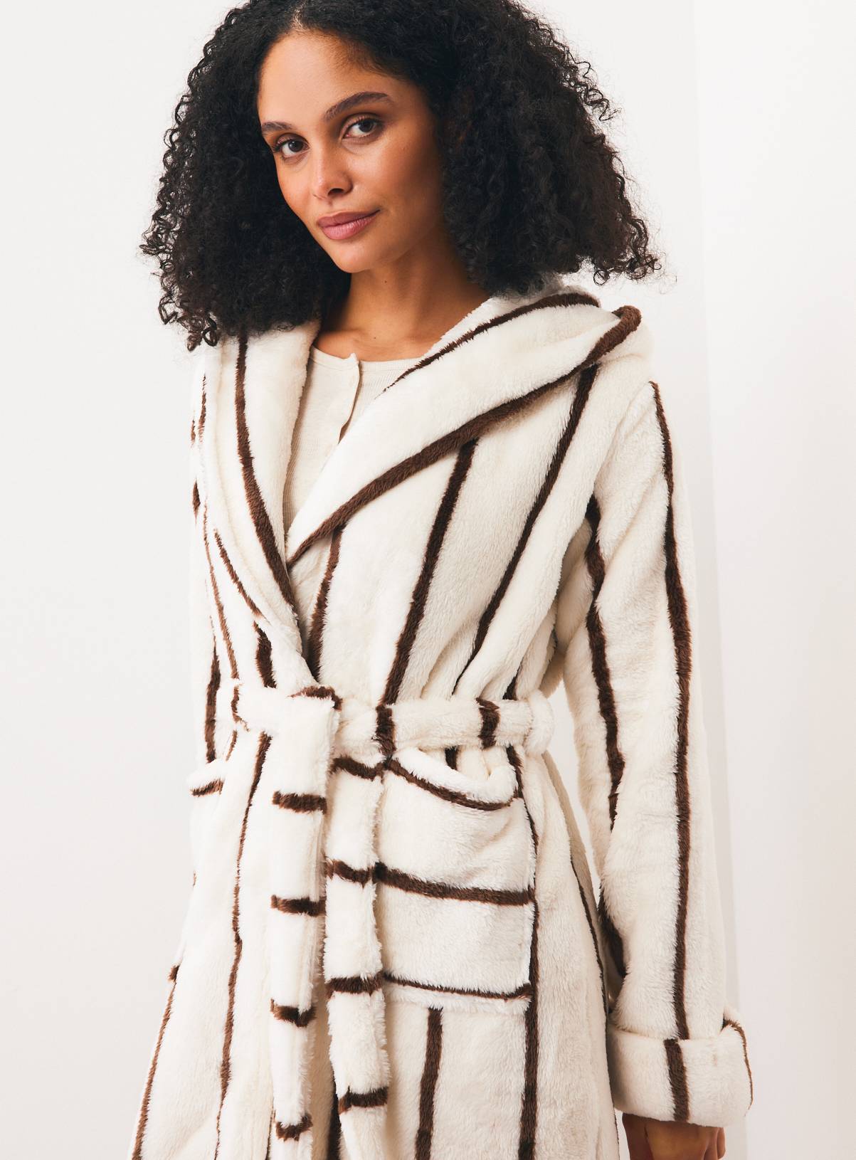 Contrast Stripe Plush Hooded Dressing Gown S - Image 1